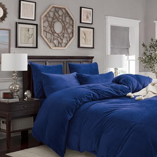 Gezu Ropa de cama de invierno de felpa cálida 220 x 200 cm, azul oscuro, funda nórdica de doble cara, cachemira, franela de forro polar, tacto mullido, tela cálida, terciopelo, funda de edredón con