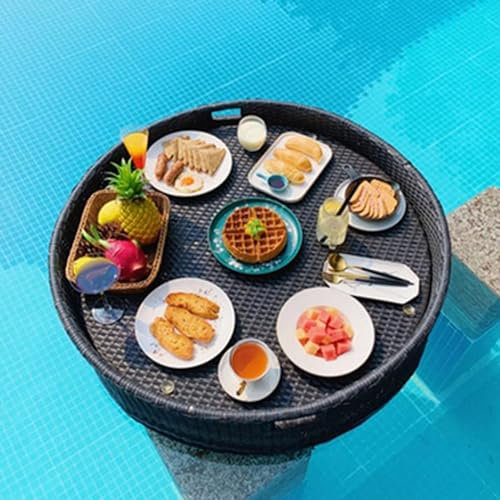 LAMEDOAT Schwimmendes Frühstückstablett aus Rattan, rund, schwimmender Tabletttisch für den Swimmingpool, extra großer schwimmender Wassertisch für Pool- und Strandpartys (Farbe: Schwarz, Größe: 80 x