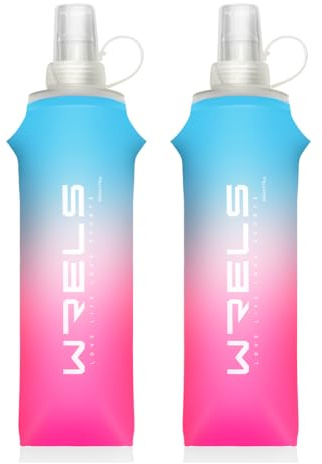 WRELS Bouteille souple pliable en TPU, réutilisable, bouteille d'eau souple pour sac d'hydratation, bouteille d'eau pliable sans BPA pour course à pied, cyclisme, escalade (bleu clair et rose, 500 ml