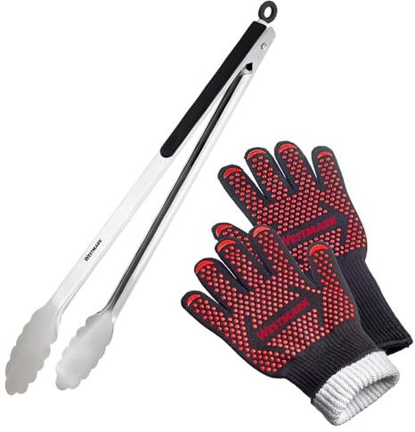 Westmark Grill-Set Feuerfeste Grillhandschuhe + 1 Grillzange – Ideal für sicheres Arbeiten am Grill, Backofen oder Kamin – Länge: 37,7 cm, 156422E6