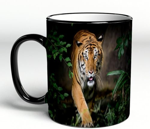 YOIUE Tasse aus Keramik - Große 11oz Tassen 330ml Kaffeetassen mit Henkel, 100% Handbemalt - Trinkgläser mit Griff - Weiß,Nahaufnahmen von bengalischen Tigern.