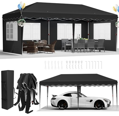 Pavillon 3x6,mit 4 Seitenteilen,Faltpavillon Wasserdicht,Stabil Winterfest,Partyzelt,Tente de Reception,Gartenpavillon Höhenverstellbar,für Strand/Festival/Camping/Markt,12 Erdhaken 6 Seil (Schwarz)
