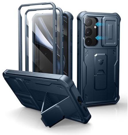 Dexnor pour Coque Samsung Galaxy S25 Plus【Double Cadre Avant et Support】 avec CaméRa Coulissante Intégrée & Protecteur d'écran, Coque de Protection Robuste Résistante Aux Chocs - Bleu Marine