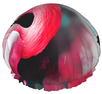 Duschhaube mit Flamingo-Druck, wiederverwendbar, doppellagig, stilvoll, weich, mit Futter, Gummiband