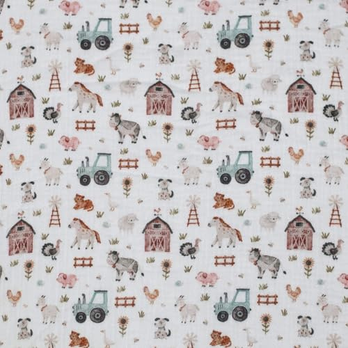 Musselin Stoff 100% Baumwolle | verschiedene Designs | Leo Eiscreme Tiermotive | ca. 135 cm (Bauernhofleben, weiß)