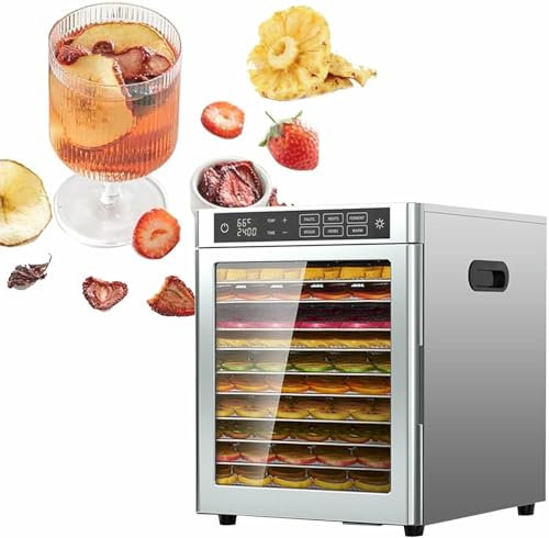Stainless Steel Food Dehydrator with 800W Fan, Adjustable Temperature 86°F to 185°F & 360° Timer for Drying Fruits, Vegetables, and Meats