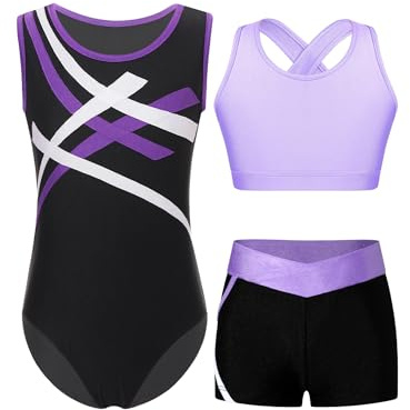 Yruioon 3 Stück Mädchen Turnanzug Ärmellos Gymnastikanzug Streifen Gymnastik Leotard + Sport BH Tops + Shorts Turnen Gymnastik Kleidung