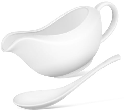 OUNONA Cerámica Salsera Con Cucharón Recipiente Para Salsas y Jugos Diseño Elegante Con Vertedor Fácil De Limpiar Para Mesa y Servicio De Condimentos