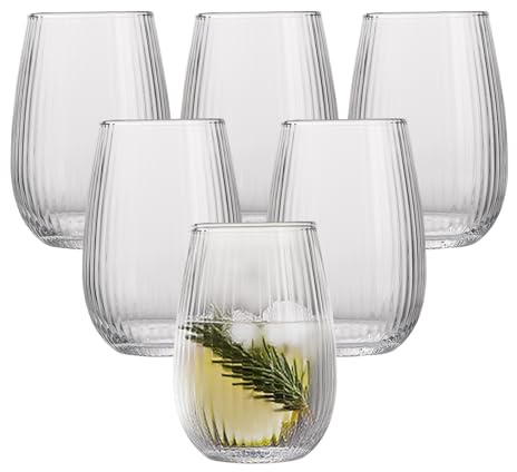 Ribbed Glass Mugs Set of 6, 400ml Dishwasher Safe Drinking Cups, Crystal Glassware Highball Glasses Set of 6, Elegant Ribbed Design, Perfect for Everyday Use and Entertaining