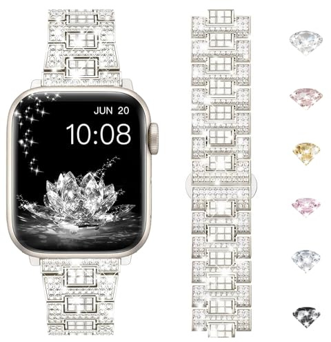 Femme Bracelet Diamant Brillant Bracelet compatible avec Apple Watch 38/40/41/42/44/45/46/49mm, Original Design Scintillant de Luxe Avec Diamants pour iWatch Série 11 10 9 8 7 6 5 4 3 2 1 Ultra SE