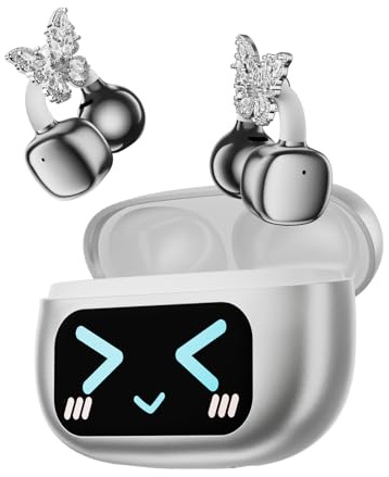 ZOMBIES CAT Écouteurs Open-Ear à Clip Style Bijou Bluetooth 5.4, écran Tactile Intelligent, 3,7 g Ultra-légers, IP45 étanches, appels clairs AI-ENC, HY-C02,Boucle Diamant Argent