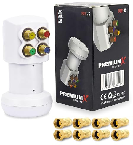 Premium X PXV-QS Quad LNB - 4-Way LNC Head with LTE Filter - 4 Participants - SAT Digital DVB-S2 4K HD 3D - Gold-Plated Contacts - White - Extra Small - Includes 8x F-Connector