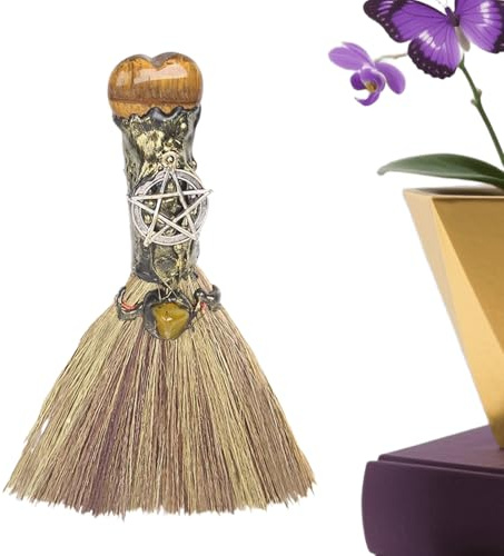 Escoba de bruja para Halloween, piedra curativa compacta, escoba de altar bruja, adorno de escritorio, suministros de limpieza para dormitorio, apartamento, sala de meditación, cocina, dormitorio