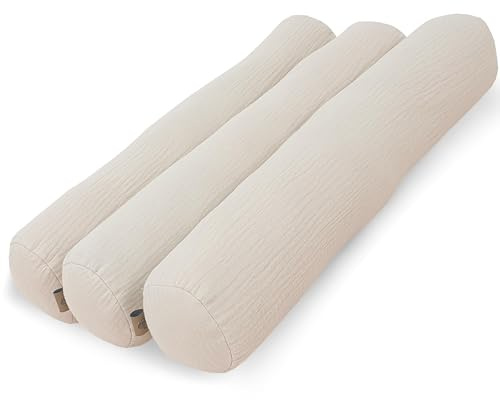PinkZebra 3er Set Bett Kissenrollen 10 x 60 cm aus Musselin GOTS-Zertifizierung, Rollenkissen aus Baumwolle, Nackenrolle ÖkoTex, Bettrolle, Kissen Rund, Knierolle, Beige