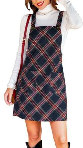 CUPSHE Mini abito autunnale in velluto a coste per le donne con tasca frontale con bretelle larghe scollo quadrato abiti invernali casual, Plaid rosso, S