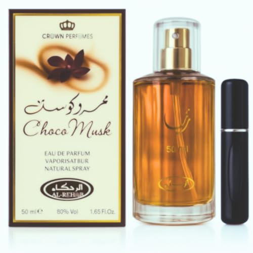 Choco Musk Eau de Parfum 50 ml + Atomizador de Viaje – Perfume Árabe Unisex Fabricado en Dubai con Notas de Chocolate, Vainilla, Almizcle Blanco y Canela – Fragancia Dulce y Duradera