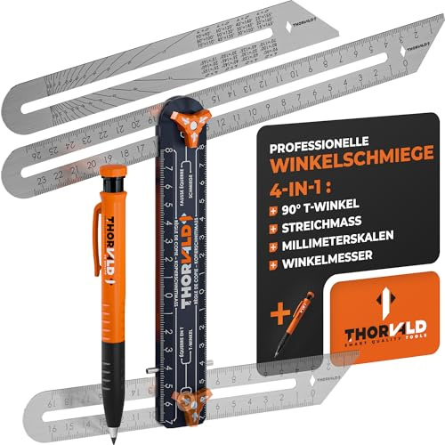 Thorvald 4 en 1 Fausse Équerre + Crayon Chantier + 2 Règles Inox 190mm & 265mm - Transfer d’angle précis - Aluminium anodisé - Tous travaux : menuisier, charpentier, carrelage