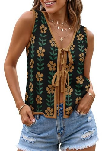 ZESICA Women's Tie Front Sweater Vest Summer Print Sleeveless Knit Y2k Tank Tops 2026 Trendy Clothes Outfits Black Small