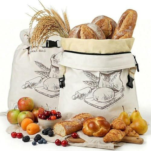 ZVD Lot de 2 sacs à pain en cire d'abeille avec fermeture éclair – Sacs de rangement réutilisables en coton et lin avec doublure en cire d'abeille naturelle pour pains au levain (Gris)