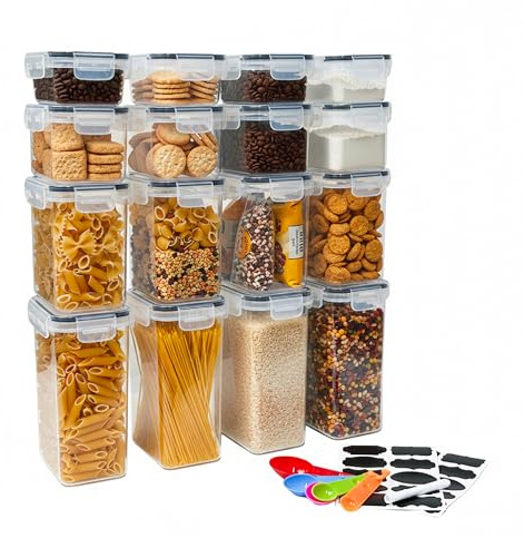 Baroni Home Set 16 Contenitori Ermetici per Alimenti da 2L,1,4L, 0,8L, 0,5L Organizer Dispensa con Coperchio, Etichette Lavagna, Pennarello e Misurini, Sicuro in Lavastoviglie