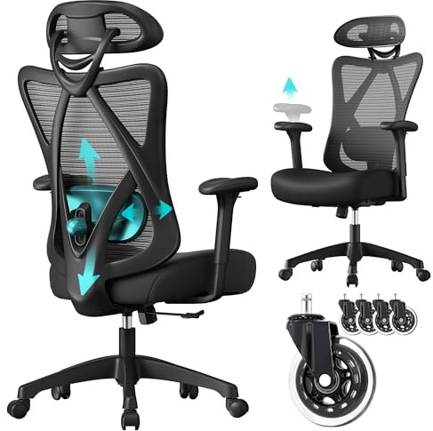 SONGMICS Bürostuhl ergonomisch, Netzstuhl, bis 150 kg belastbar | Schreibtischstuhl, Computerstuhl, verstellbares Lenden- und Kopfkissen, höhenverstellbar, leise Rollen, tintenschwarz