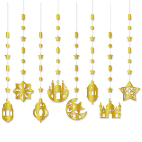 Eid Mubarak Dekorationsset mit Gold für Halbmond und Stern-Banner, wiederverwendbare Ramadan-Girlande für Außen- und Innen-Esszimmer, bunte hängende Ornamente, 1 m (B)