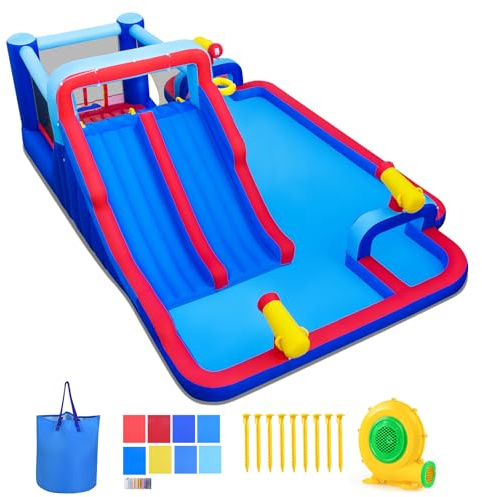 Castillo hinchable hinchable con tobogán acuático, piscina infantil, pared de escalada, pistola de agua, canasta de baloncesto, parque acuático para niños de 3 a 12 años (con ventilador de 750 W)