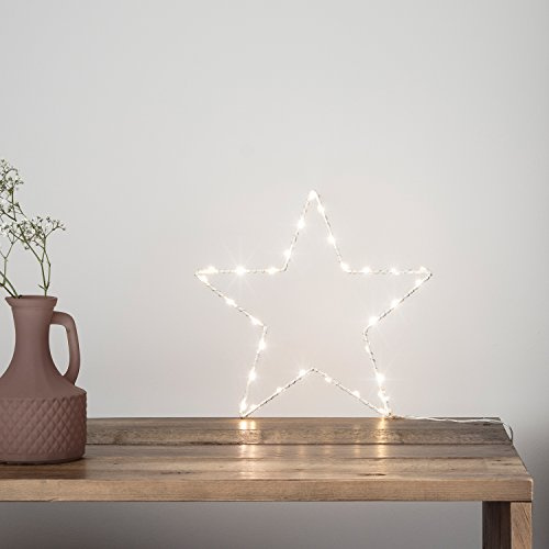 Lights4fun Stella in Metallo Bianco con 30 Micro LED Bianchi Caldi a Pile di 23cm per Interni