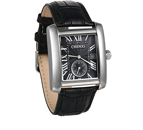JewelryWe Herren Armbanduhr, Retro Kalender Analog Quarz Uhr mit Rechteckig Römischen Ziffern Zifferblatt und Leder Armband, Farbe: Schwarz, Blau, Braun