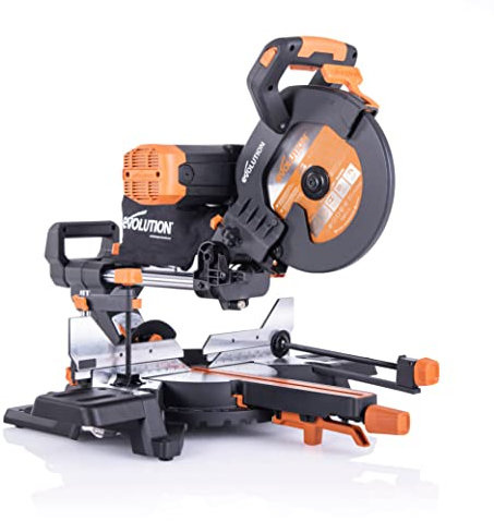 Evolution Power Tools R255SMS-DB+ Double Bevel Sliding Mitre Saw, Multi-Material Cuts Metal, Wood, Plastic & More - with Plus Pack includes Clamps, Dust Bag & Blades, 255mm (110V)