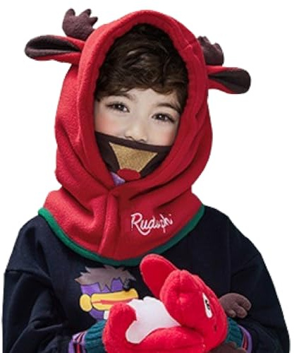 TRIWONDER Pasamontaña Niño Invierno con Máscara Térmica Polar Sombrero con Cuello Calentador para Esquí Ciclismo Caza Escalada al Aire Libre (Rojo - Ciervo)