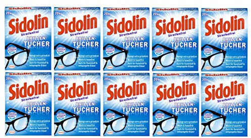 Sidolin Brillenputztücher, 10er Pack (10 x 20 Stück) feuchte Reinigungstücher für Brillen, Displays, Bildschirme