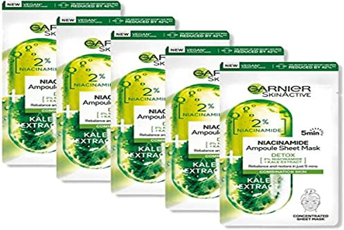Garnier Maschera in Tessuto Ampolla Detox Purificante, Per Pelli Miste e Grasse, Estratto di Cavolo Nero e Niacinamide, Confezione da 5