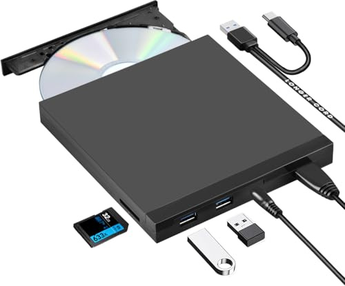 ROOFULL External CD/DVD-RW Drive with SD Card Reader and USB Ports, USB 3.0 Type-C CD ROM DVD Player Burner Writer Optical Disk Drive for Laptop PC Desktop Windows 11/10, Mac MacBook, Linux Computer