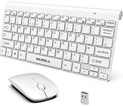 Maxesla Wireless Keyboard and Mouse Set UK, 2.4Ghz Cordless Slim, Full-sized, UK Layout, Adjustable DPI, Multi-Media Shortcut, for Windows, Mac, PC, White, 78 keys