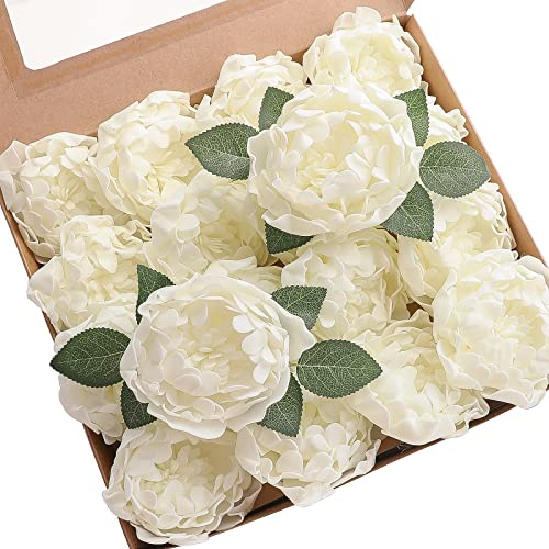 Floroom Artificial Flowers 16pcs 4 Ivory Blooming Peonies Real Looking Foam Fake Peony with Stems for DIY Wedding Bouquets Bridal Shower Centerpieces Floral Arrangements Party Tables Home Decorations