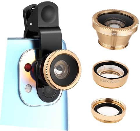 3-in-1 Handy Kameraobjektiv 52mm Universalanschluss für 6s/7/8/x | Aluminiumlegierung und Glas, Glasreflexe, Ölabweisend, Goldfarben, für Smartphone und Tablette