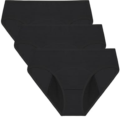 Neione Period Underwear for Teen Girls, Leakproof Panties for Tween & First Period Starter, Menstrual Hipster Briefs, Mid Rise Breathable 3 Pack Black Ages 12-14