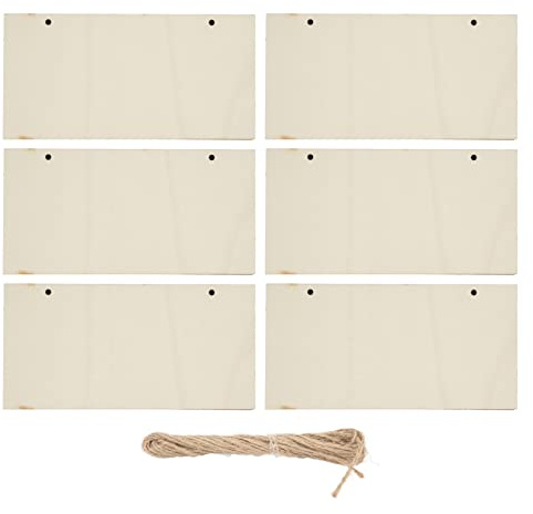 Paquete de 6 carteles de madera en blanco para manualidades, tablero de madera colgante sin terminar con agujero para decoración de pared de puerta DIY, decoración de vacaciones, 7,9x3,9 pulgadas