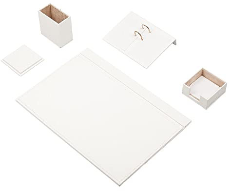 Schreibtisch-Set aus weißem Leder – Schreibtischunterlage – Notizpapierhalter – Stifthalter – Lederuntersetzer – Schreibtischzubehör – Schreibtisch, weiß (5)…
