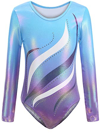 Cucudy Gymnastikdräkter för flickor långärmad/ärmlös gradient färg diamant body dans balett gymnastik atletisk body för barn 5 6 7 8 9 10 11 12 år, B118 Blå, TAG 12A(11-12 anni)