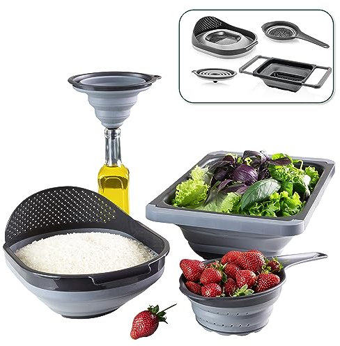uandu Set di 4 Setacci Colino per Pasta, Scolapasta Pieghevole, Gadget da Cucina, Accessori, in Silicone e Plastica di Alta Qualità, Filtro per Lavello, Campeggio