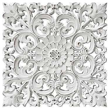 Musanpou Panneaux muraux uniques en bois sculpté à la main avec décorations florales suspendues – Décoration murale rustique pour salon et chambre à coucher
