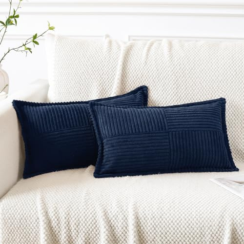 Artscope 2er Set Kordsamt Kissenbezüge Samtkissen Weich Dekokissen Dekorativ Kissenbezug Modern Kissenhülle Umwickelte Kante Sofakissen für Wohnzimmer Schlafzimmer Dunkelblau, 30x50cm