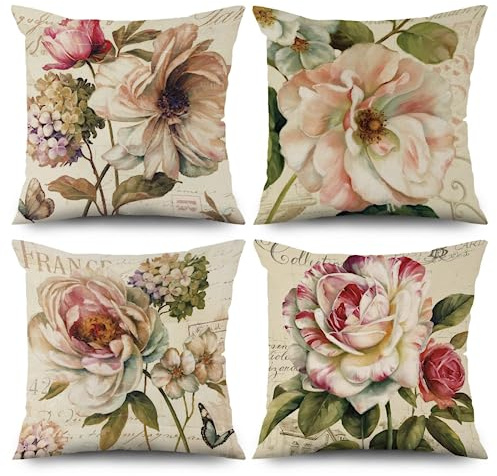 ASDCXZ Kissenbezug Retro Blumen 50x50 cm 4er Set, Retro Rose Blume Beige Sofa Kissen Dekokissen Kissenbezüge Kissenhülle Waschbar Polyester Flachs Textil Outdoor Polster Kopfkissenbezug Kissen Bezug