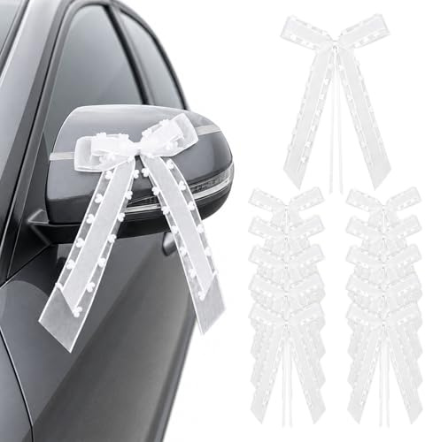 VGOODALL 50 Stück Autoschleifen Hochzeit Weiß, Satin Antennenschleifen 25x12cm für Hochzeitsauto Deko, Schleifen mit Herzmuster für Stühle und Kirchendeko, Stilvolle Gastgeschenke