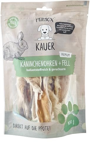 PRIMOX Kaninchenohren mit Fell 100g I Kalzium- und ballaststoffreicher Premium Kausnack für Hunde | 100% natürlich | Zahnfreundlich & Stressreduzierend | Hochwertige Proteinquelle