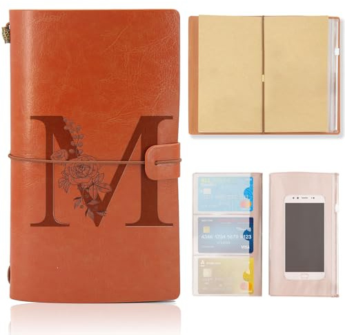 Diario de Viaje con inicial, Cuaderno de Cuero, Cuaderno Recargable, Bloc de Notas, Diario Personal para Hija Niña Mujeres Amigas Profesores San Valentín Cumpleaños Graduación Día de la Madre(M)