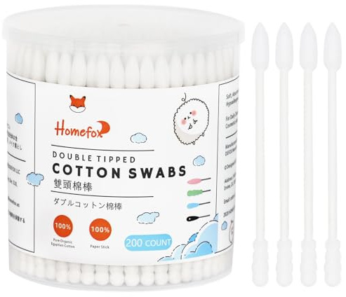 HOMEFOX White Cotton Swabs Spiral Pointed - 200 Count Organic Cotton Buds Double Side Tightly Wrapped Precision Cotton Tips Paper Stick Soft Gentle Lint-Free Cruelty-Free, Spiral & Pointy (White)