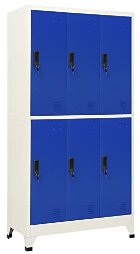 DJEKA Metallschrank Garderobe mit 6 Schließfächern Schließfachschrank Abschließbar Schränke 90x45x180 cm Lagerschrank Aufbewahrung Spind Kleiderschrank Spind Metall Grau und Blau